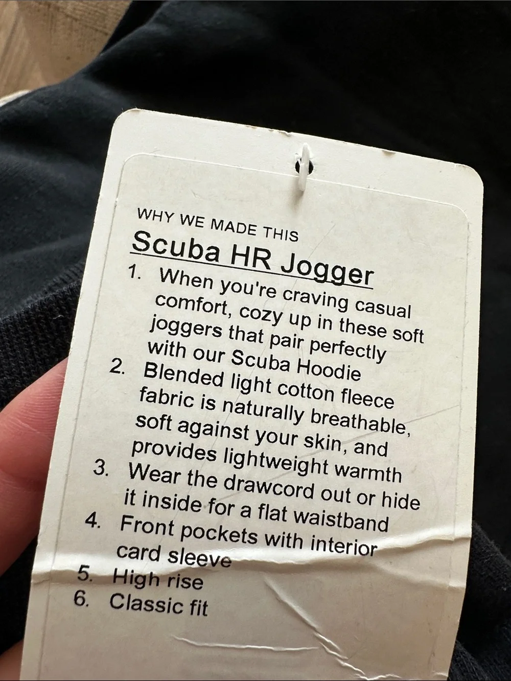 Brand new Lululemon Scuba Jogger Tag - Black Text on Cream Hangtag